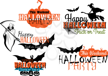Halloween party designs set with flying bats, witch, pumpkins, death, jack-o-lanterns for holiday design