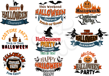 Large set of Halloween party vector designs with assorted text decorated with cats, bats, witches, pumpkins, ghosts, jack-o-lanterns and a cauldron