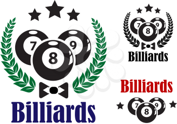 Billiards badges or emblems for an eight ball game with three balls, wreaths, stars and text  Billiards isolated on white