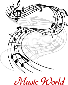 Music World poster design with a black and white swirling wave with clef and music notes forming a tune above the text  Music World