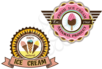 Colorful Ice Cream labels with different circular designs one showing a chocolate frozen sucker and the other three cones of different flavors