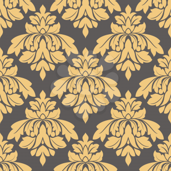 Bold arabesque seamless background pattern in damask style with foliate motifs suitable for wallpaper or textile in square format in yellow and grey