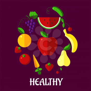 Healthy eating poster with colorful fresh food including banana, pear, orange, apple, watermelon, grapes, tomato, carrot and strawberry with the text Healthy below. Flat infographic style