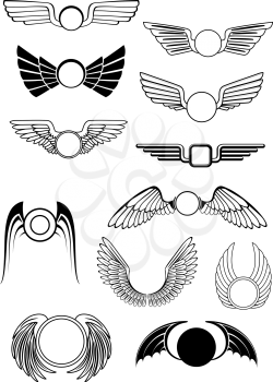 Heraldic wings set in various styles with wings open in flight, drooping wings and raised wings, some stylized others showing feather detail. For heraldry or emblem design