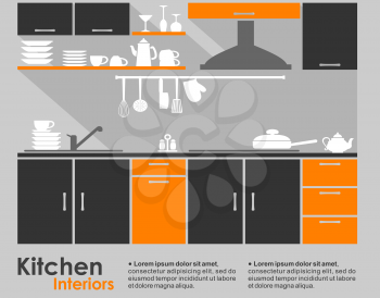 Kitchen interior flat design showing a fitted kitchen with cabinets and a built in hob and extractor with crockery and kitchen utensils on the counter and copyspace for text