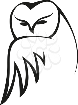Black and white vector doodle sketch of an owl peering at the viewer over on outspread wing