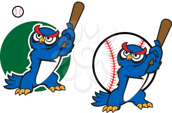 Cartoon wise old owl playing baseball standing with a raised bat in its wings
