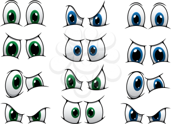 Set of cartoon eyes with blue and green irises showing various expressions from anger, through surprise to a frown
