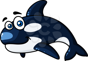 Happy cartoon orca or killer whale with a cute smile and googly eyes for kids, vector illustration on white