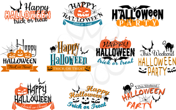 Different Halloween party designs for Happy Halloween parties decorated with bats, pumpkin lanterns, spiders, black cat, ghosts, ghouls with various texts, vector illustration on white