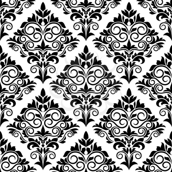 Black and white arabesque design with scrolls and leaves in a bold motif arranged in a seamless background pattern in square format