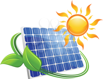 Solar energy eco concept with a blue photovoltaic panel under a hot yellow sun with curling green leaves, vector illustration on white
