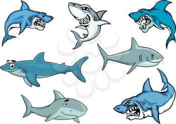 Cartoon sharks with various expressions from fierce and evil baring its teeth, to an evil smile, to a happy contented smiling shark in nautical blue, vector illustration on white