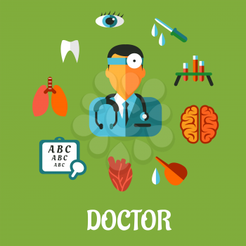 Medical flat infographic concept with a central cartoon doctor encircled by an eye chart, lungs, tooth, eye, dropper, test tubes , brain and heart depicting examination, diagnosis and treatment