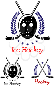 Ice hockey symbols set with puck, goalkeeper mask, laurel wreaths and sticks isolated on white background . For sport team logo design     