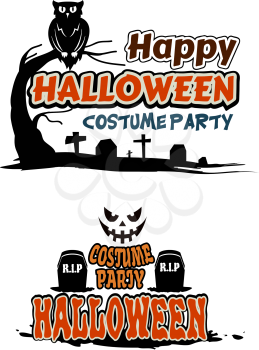 Halloween party themes with orange text decorated with tombstones, a graveyard, owl in a tree and face of a ghost
