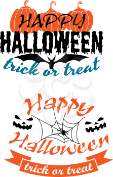 Happy Halloween holiday party banners with pumpkins, monster faces, flying bat, spider and trick or treat signs