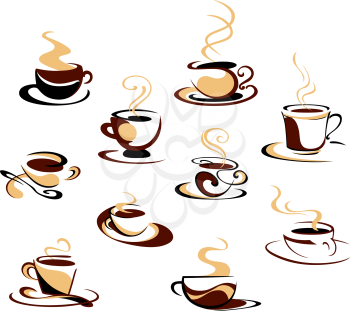 Hot steaming coffee cups set for fast food, cafe or restaurant menu design