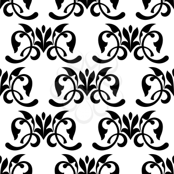 Floral vintage seamless pattern with black flourishes on white in square format