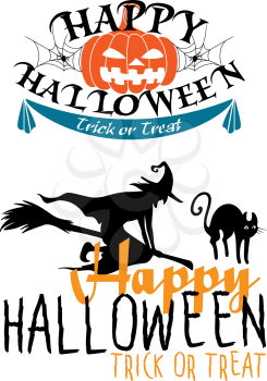 Happy Halloween Trick or Treat themes with text decorated with a jack-o-lantern pumpkin and spiders and the other with a silhouette of a flying witch on a broomstick with a cat