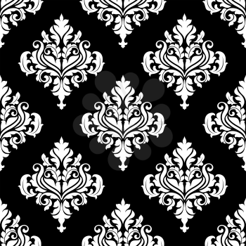 Floral retro white damask seamless pattern on black colored background for wallpaper and textile design