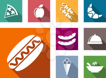 Flat colorful food icons set  with pizza, apple, sausage, croissant, hot dog, barbeque, ice cream and soup