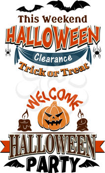 Halloween card designs for a Trick or Treat Clearance This Weekend decorated with flying bats and the second Welcome Halloween Party with a jack-o-lantern and burning candles