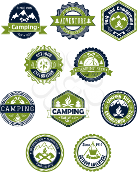 Camping, travel, outdoor and adventure  icons or badges in retro style for travel industry design
