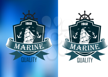 Marine quality emblems of badges in two color variations with a shield enclosing a tall ship with sails set and a ribbon banner with the word Marine with Quality below