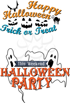 Halloween banner templates for a Halloween Party This Weekend decorated with ghosts and the second for Halloween Trick or Treat with a bat, cat and ghoulish lanterns