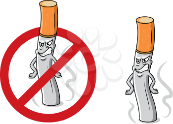 Cartoon angry cigarette butt with smoke, fire and stop sign for antinicotine and healthcare design