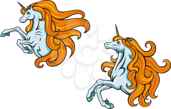 Cartoon magic fantasy unicorn characters with curly mane, for mythology and fairytale design