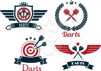 Darts emblems set with laurel wreath, crowns, ribbon banners, outspread wings, heraldic shield,  stars and darts for sporting symbol design