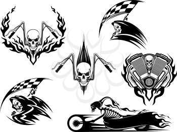 Set of motor racing skulls in black and white designs with a grim reaper holding a checkered flag, racing skull on handlebars and skeleton on a speeding roadster bike trailing flames
