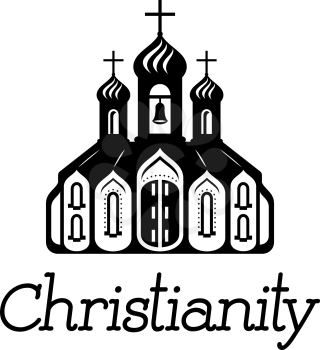 Silhouette christian Temple icon with the front facade, windows and the text - Christianity – beneath, isolated drawing on white background