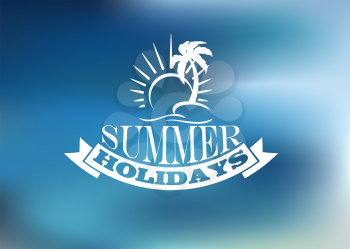 Summer Holidays poster design with a sun, palm, banner, text and ribbon banner for travel and tourism design