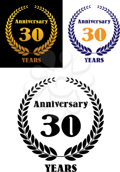Anniversary symbol with laurel wreath and text – anniversary 30 years. Dark blue, gold, golden, orange and  colors, suitable for jubilee and holiday celebration design