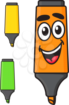 Cartoon  yellow, green and orange smiling marker character isolated on white background for stationery office and school design