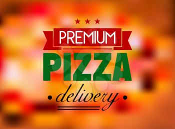 Italian colored pizza label or logo on red and pink tint blurred background with text – premium pizza delivery