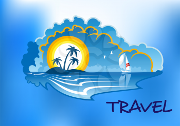 tropical island and beach landscape with palms, birds, sun, ocean waves, clouds, yacht and text – Travel. Suitable for summer vacation, travel or leisure design