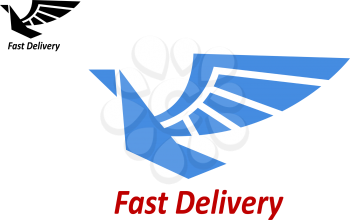 Delivery or shipping emblem with blue colored flying bird and text – Fast Delivery. isolated on white