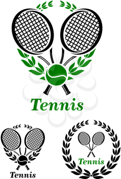 Tennis  sporting emblem or logo with rackets and laurel wreath isolated on white,  suitable for sports design