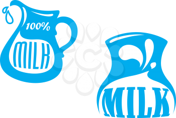 Milk emblem or logo symbols with jug and text – 100 percent milk, blue color isolated on white background,  suitable for drink and agriculture design
