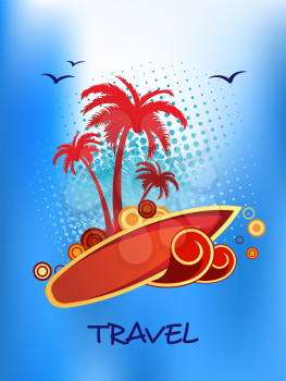 Tropical island with palm trees, birds, ocean, waves, clouds, surfboard  for summer vacationand  travel poster design