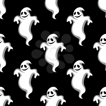 Seamless pattern of night flying scary ghosts on black background. For Halloween holiday design