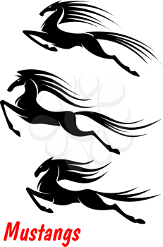 Black elegant wild horse mustangs and stallions in rush for equestrian sport, mascot and tattoo