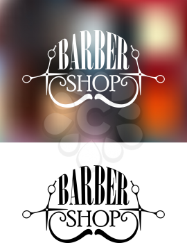 Two color variants of barber shop icon, emblem, label or logo,  with moustache and scissors, silhouette elements on white colored and colorful blurred background
