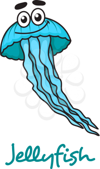 Funny cute cartoon blue jellyfish character isolated on white for nautical and  marine design