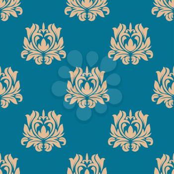 Damask seamless floral yellow or ochre pattern on blue colored background suitable for wallpaper and fabric design