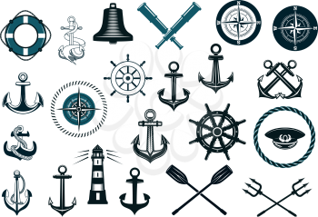 Set of nautical or naval icons with anchor, ship wheel, crossed tridents, lighthouse, bell, comass and spyglass for marine heraldry design
